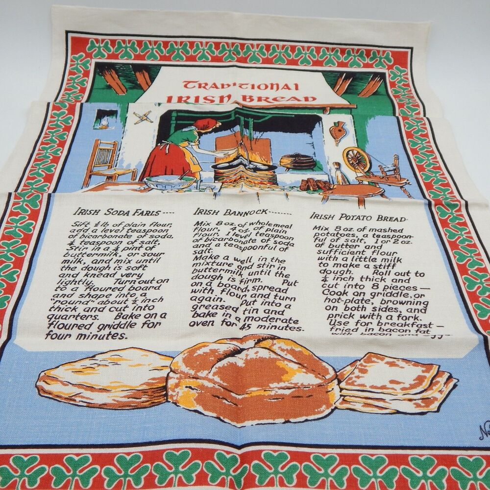 Vintage Linen Tea Towel Traditional Irish Breads Potato Recipes Shamrocks Nelson
